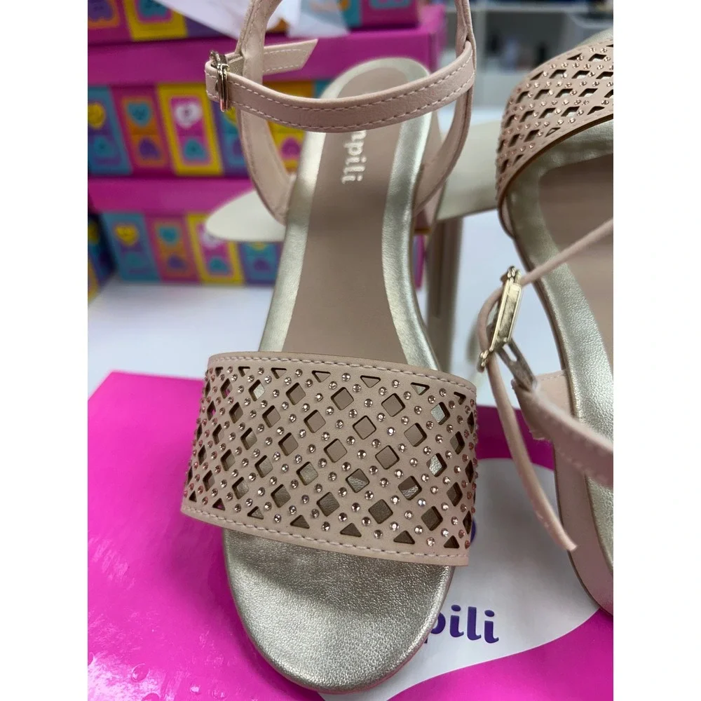 Pampili Girls Pink Laser Cut Rhinestone Dress Sandals Low Block Heel Metallic